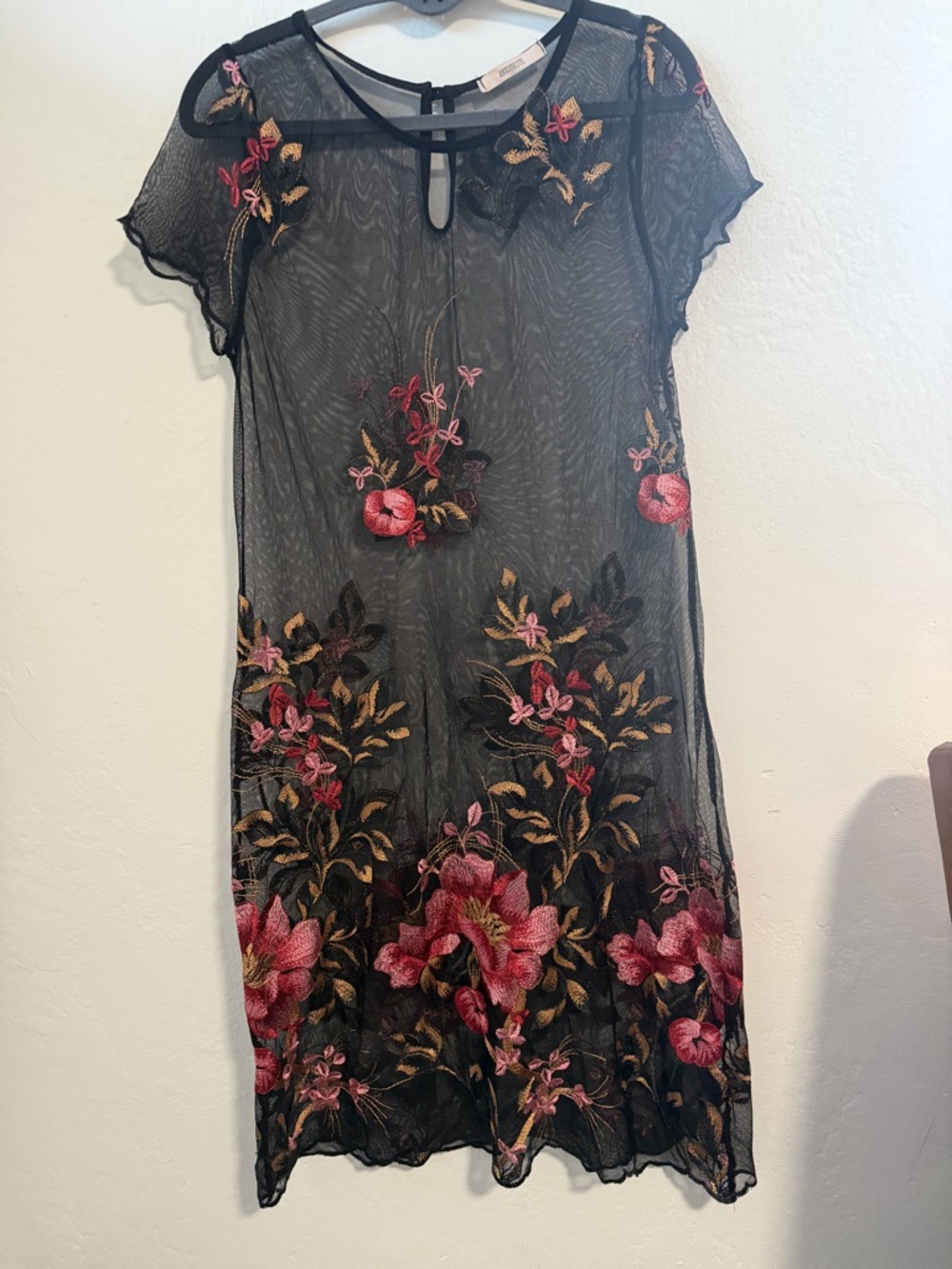 Antoinette Black Sheer Floral Embroidered Dress Mesh Overlay Boho Romantic M - Picture 8 of 10